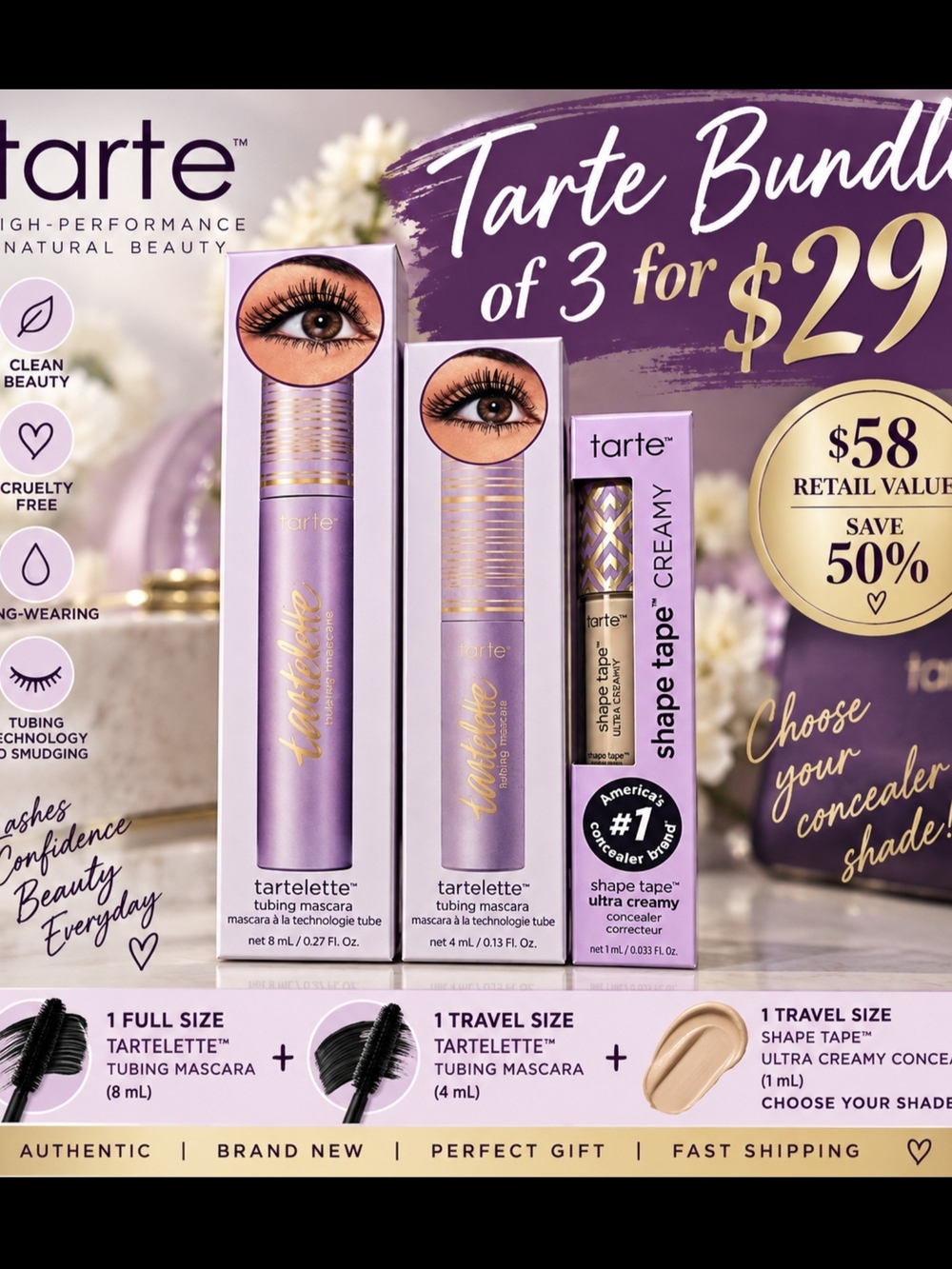 Tarte 3-Piece Bundle Tartelette Tubing Mascara Full + Travel & Shape Tape
